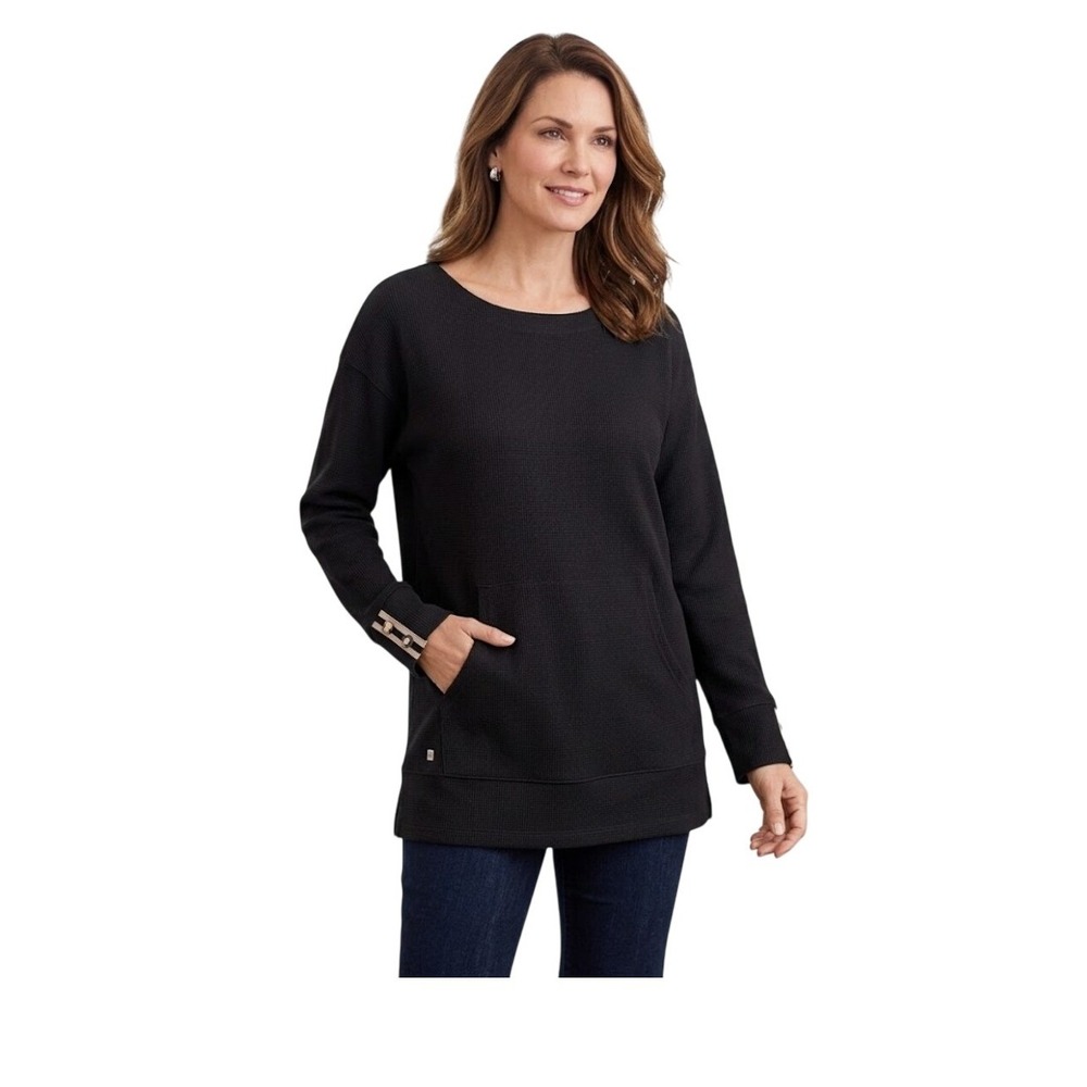 Talbots Black Waffle Knit Tunic Top Striped Button Cuffs‎ Kanga Pocket M